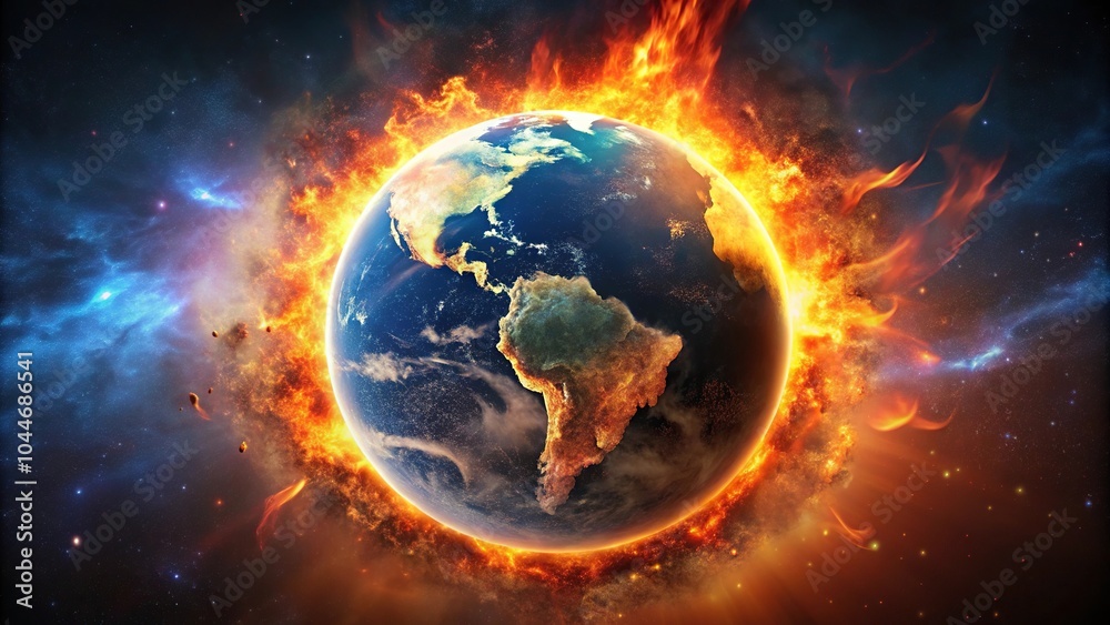Fototapeta premium Silhouette of Earth with fire and explosions, dead planet due to climate change damage