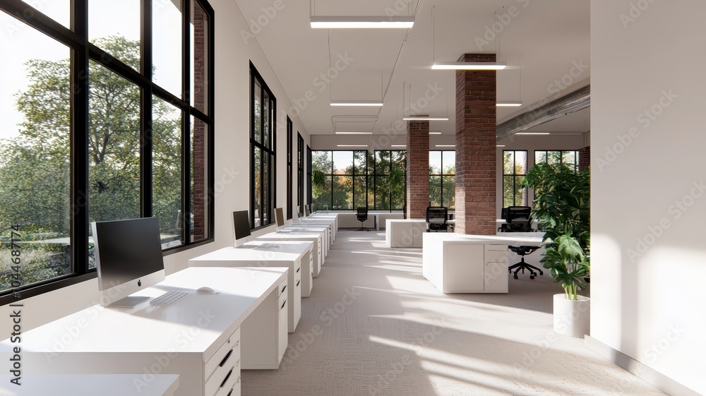 Fototapeta premium Bright and airy office space featuring expansive floor-to-ceiling windows for natural light and open views.