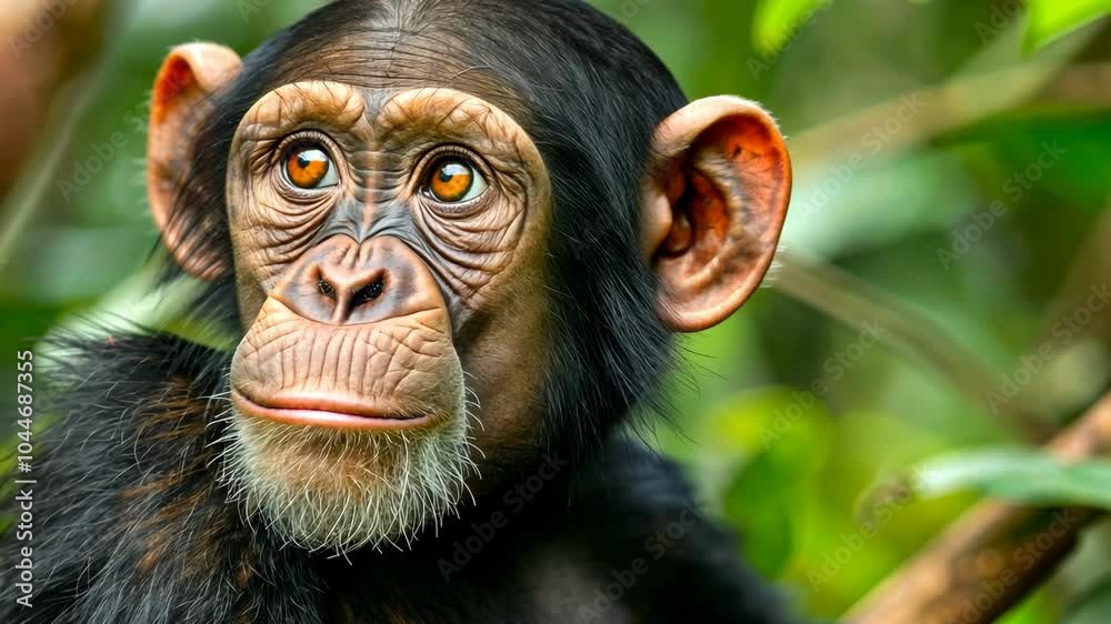 Curious chimpanzee explores vibrant jungle habitat in the afternoon Curious chimpanzee explores vibrant jungle habitat in the afternoon
