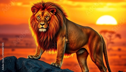 Lion,  The Lion King: A Majestic Lion at Sunset in the African Savanna