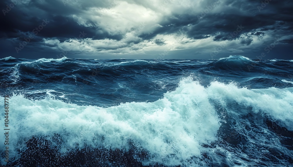Dramatic stormy seascape with large waves crashing under a dark cloudy sky. Dramatic stormy seascape with large waves crashing under a dark cloudy sky.