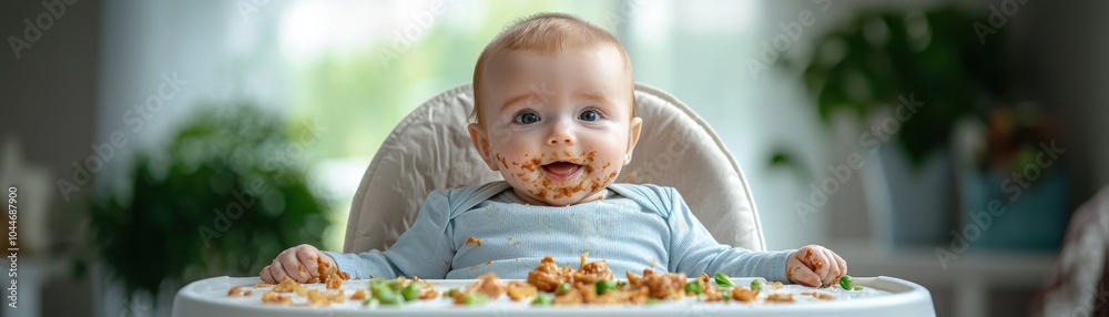 Baby sitting in high chair with food mess on tray, joyful expression, bright background