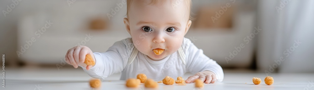 Baby enjoying snacks, playful moment, bright indoor setting. Baby enjoying snacks, playful moment, bright indoor setting.