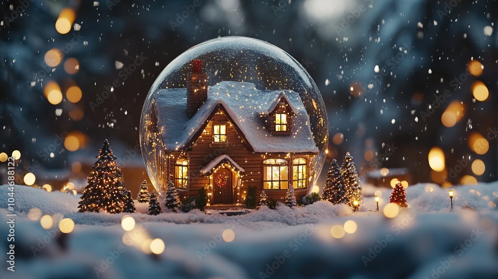 A Festive Snow Globe Featuring a Cozy House Surrounded by Holiday Lights and Snow A Festive Snow Globe Featuring a Cozy House Surrounded by Holiday Lights and Snow