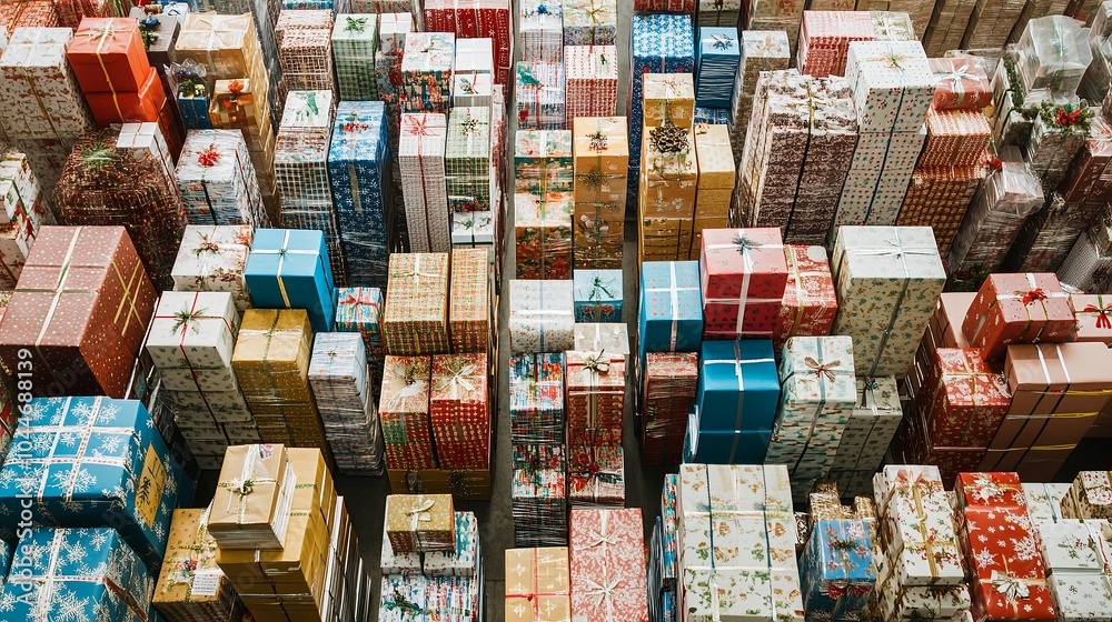 Fototapeta premium A warehouse full of Christmas presents, all wrapped in different designs and colors.