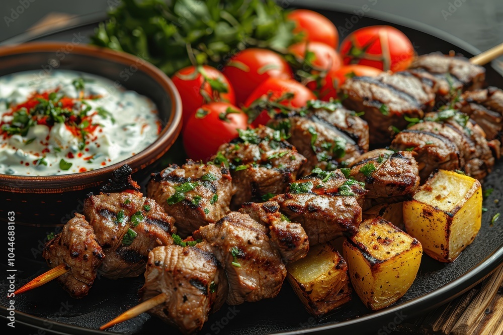 A dish of beef and potato shashlik, Russian skewers, served with a side of flatbread and a bowl of yogurt sauce A dish of beef and potato shashlik, Russian skewers, served with a side of flatbread and a bowl of yogurt sauce