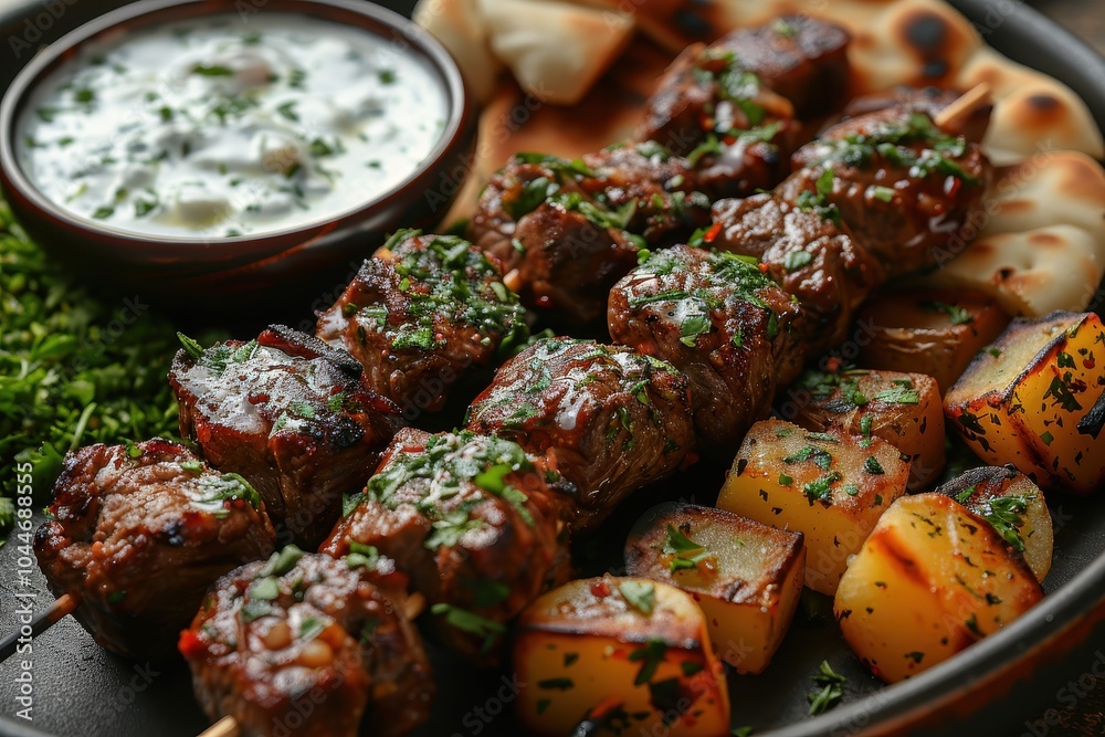 A dish of beef and potato shashlik, Russian skewers, served with a side of flatbread and a bowl of yogurt sauce A dish of beef and potato shashlik, Russian skewers, served with a side of flatbread and a bowl of yogurt sauce