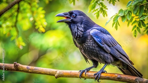 Tearful raven perched on branch of tree in a sorrowful scene