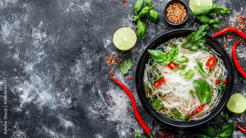 Fresh Pho with Herbs and Lime on Urban Background Fresh Pho with Herbs and Lime on Urban Background