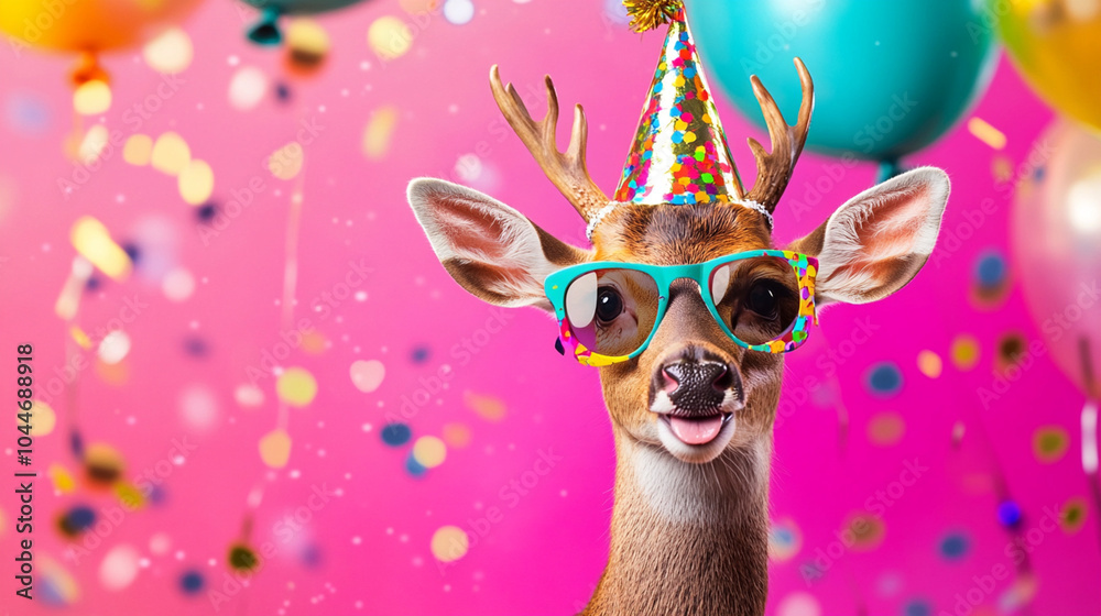 Fototapeta premium Party animal! Colorful photo of funny, happy deer on pink / fuchsia background. Ballons, confetti, happy mood. Birthday celebration horizontal banner