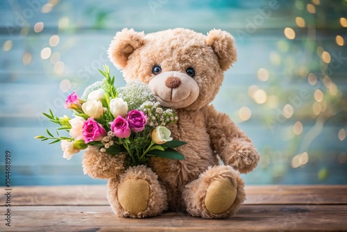 Teddy bear holding flowers in type g from low angle view photo