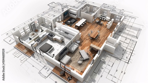 3D House Plan with Blueprint Overlap