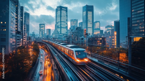 Dynamic Cityscape with High-Speed Train and Illuminated Skyscrapers at Dusk in a Modern Urban Environment