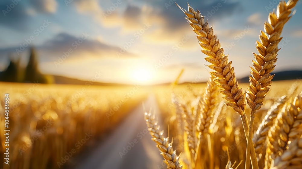 Fototapeta premium Close-up of a country road surrounded by golden wheat, sunlight glistening on voting posters, peaceful and symbolic, the act of voting intertwined with nature