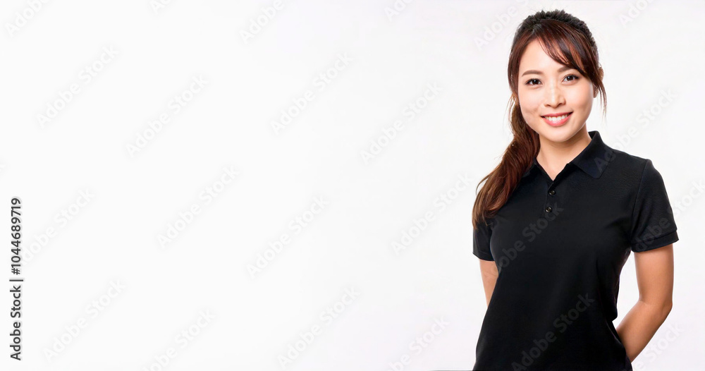 A portrait of a smiling Asian woman with a ponytail wearing a black polo shirt against a white background. A portrait of a smiling Asian woman with a ponytail wearing a black polo shirt against a white background.