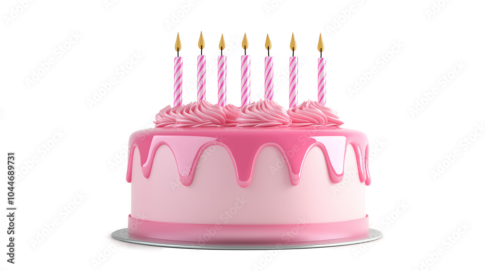 Pink birthday cake with candles 3d render icon isolated white background Pink birthday cake with candles 3d render icon isolated white background