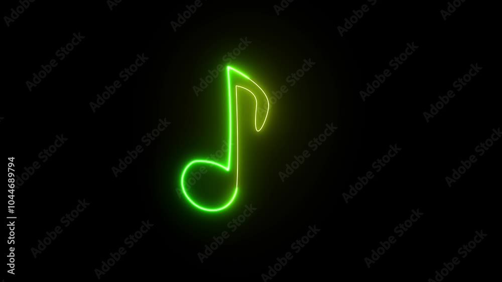 Neon music note icon animation. Neon glowing single musical note icon abstract design on black background.