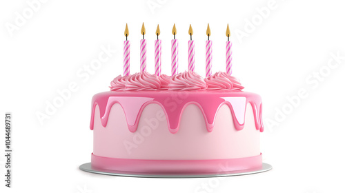 Pink birthday cake with candles 3d render icon isolated white background