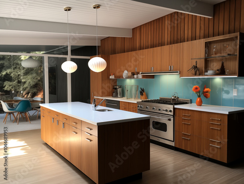Mid century modern style inspired kitchen with wood panneling. Wood panneling interior. Natural colors interior.