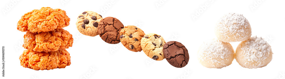 Various flavors cookies with chunks of chocolate stacked isolated on white transparent background. Close-up shot, showcasing texture and richness Various flavors cookies with chunks of chocolate stacked isolated on white transparent background. Close-up shot, showcasing texture and richness