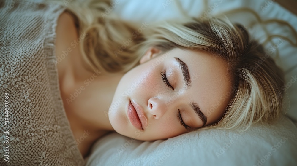 A beautiful woman peacefully sleeping on her bed in her bedroom exuding tranquility.
A beautiful woman peacefully sleeping on her bed in her bedroom exuding tranquility.
