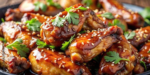 Teriyaki chicken wings with soy sauce and coriander leaves Extreme Close-Up photo