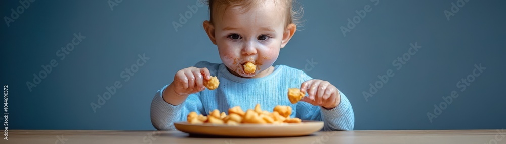 Cute baby enjoying snacks from a plate, joyful expression, indoor setting. Cute baby enjoying snacks from a plate, joyful expression, indoor setting.