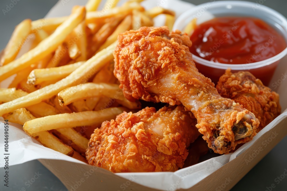 Obraz premium Delicious fried chicken drumsticks with a crispy golden crust served alongside golden fries.