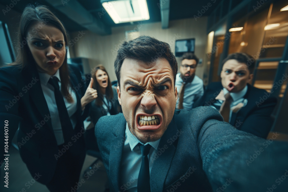 Angry man taking selfie with group of people in office. Serious business leader with stern expression Angry man taking selfie with group of people in office. Serious business leader with stern expression