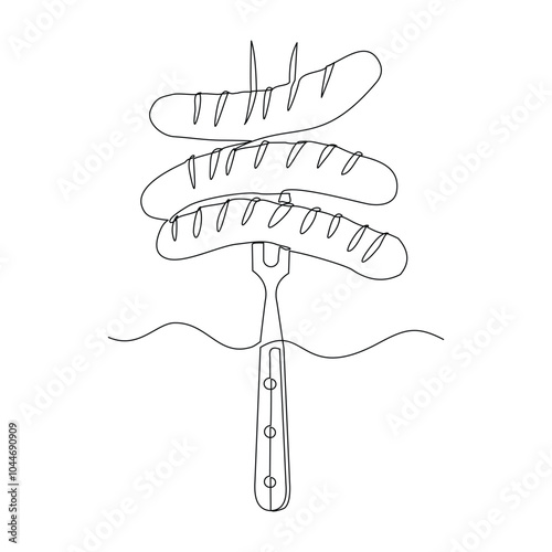 Continuous single line sketch drawing of grilled sausage with fork barbecue bbq spit skewer one line editable vector illustration