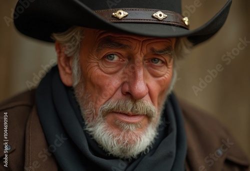 Close up portrait of a Old senior dangerous cowboy western movie personage