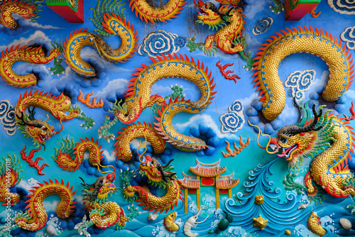 Chinese dragon stone relief fresco