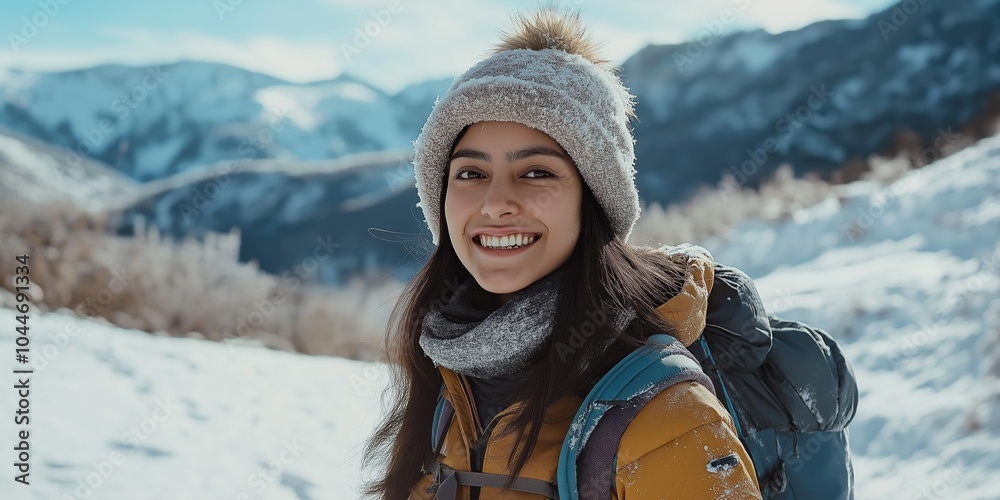 Fototapeta premium A smiling woman wearing a hat and a jacket with a backpack. She is standing in the snow