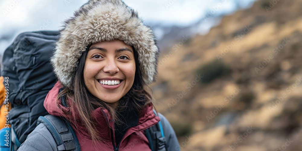 A woman wearing a fur hat and a red jacket is smiling. She is wearing a backpack and a blue one