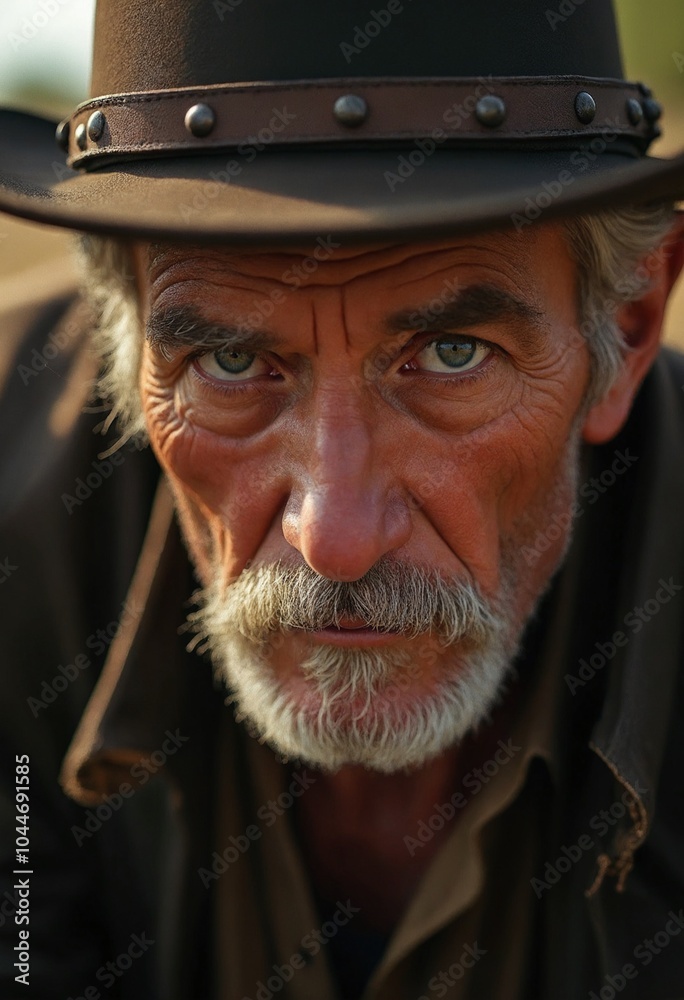 Close up portrait of a Old senior dangerous cowboy western movie personage Close up portrait of a Old senior dangerous cowboy western movie personage