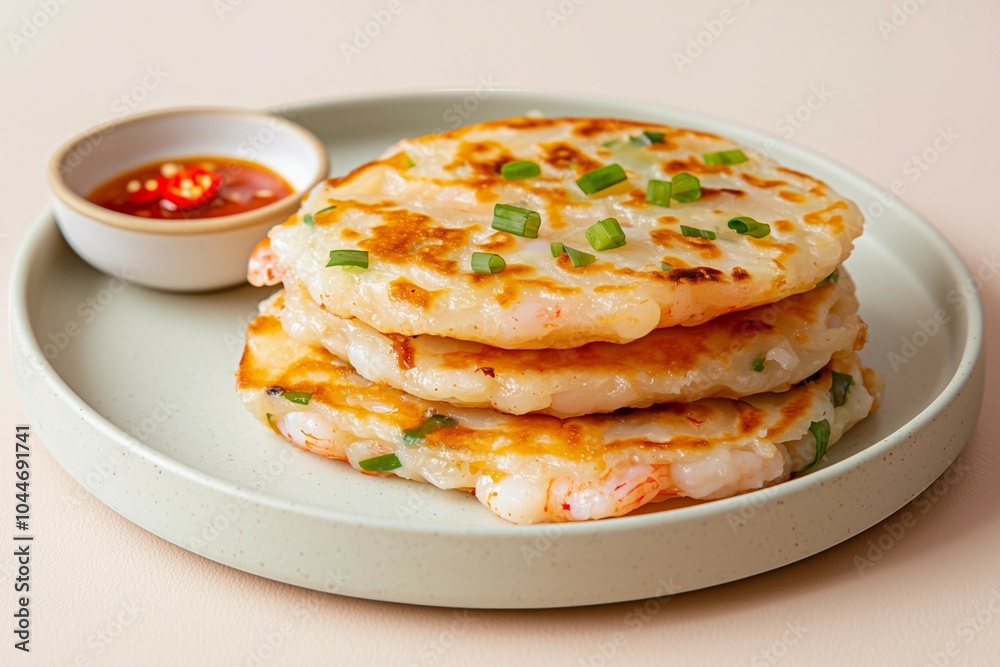 Traditional Korean Shrimp Pancake Served with Soy Dipping Sauce and Garnished with Green Onions Traditional Korean Shrimp Pancake Served with Soy Dipping Sauce and Garnished with Green Onions