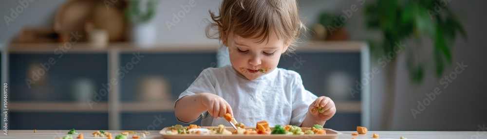 Child enjoying a meal at home, colorful food on the table, natural lighting. Child enjoying a meal at home, colorful food on the table, natural lighting.