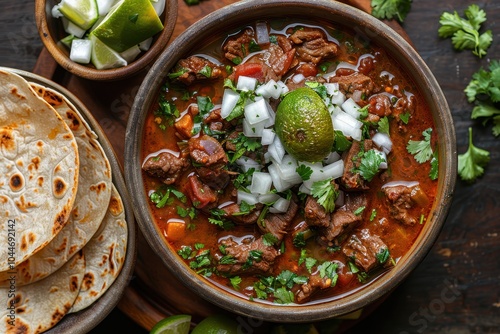 A dish of birria, a savory Mexican stew made with goat or beef, served with a side of tortillas and garnished with cilantro and onions