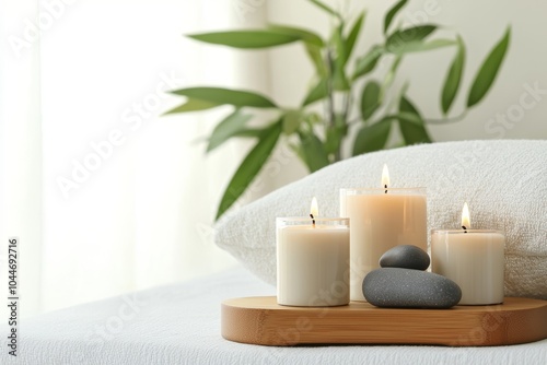 Serene woman enjoying holistic sleep treatment in a cozy bedroom adorned with aromatherapy candles and soft pillows