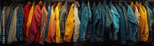 A grove of colorful jackets hanging on a rack in a store, banner, copy space photo