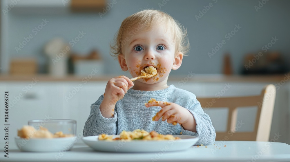 Happy child enjoying messy meal with pasta at home Happy child enjoying messy meal with pasta at home