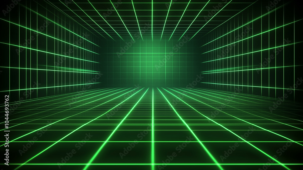 3D wireframe green room. Abstract perspective grid. Retro futuristic concept. Design element for tech and gaming 3D wireframe green room. Abstract perspective grid. Retro futuristic concept. Design element for tech and gaming