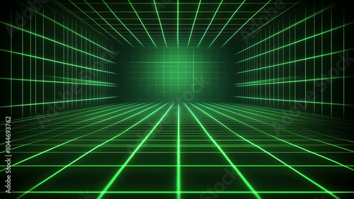 3D wireframe green room. Abstract perspective grid. Retro futuristic concept. Design element for tech and gaming