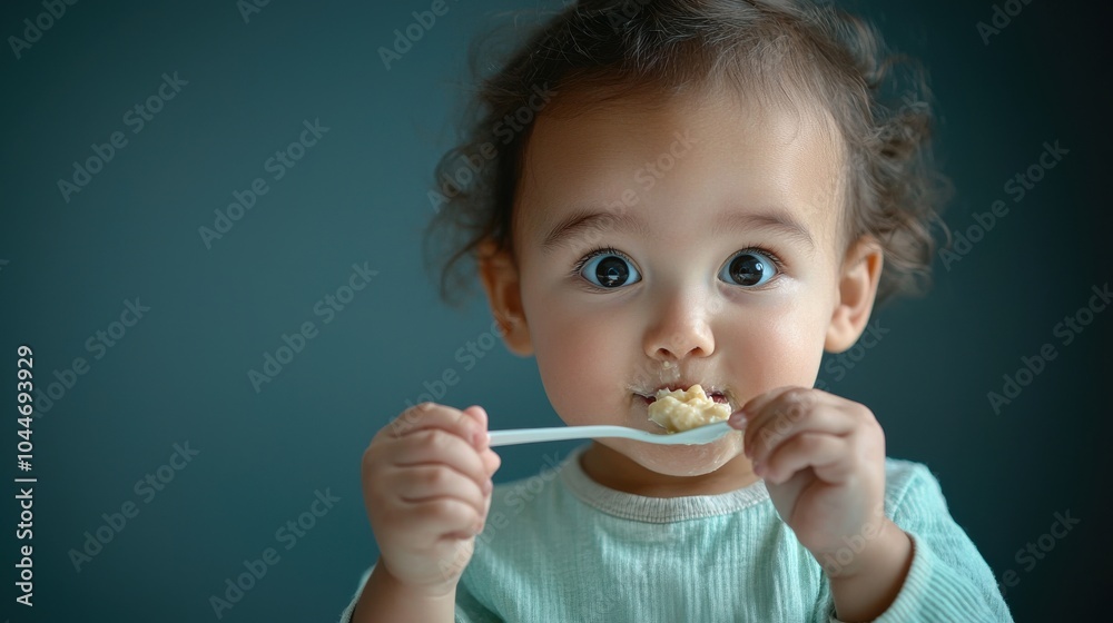 Curious child enjoying a spoonful of food with wide-eyed wonder. Curious child enjoying a spoonful of food with wide-eyed wonder.