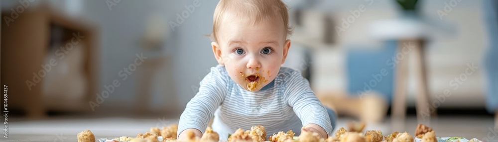 Baby crawling with food mess in a bright indoor space, joyful expression. Baby crawling with food mess in a bright indoor space, joyful expression.