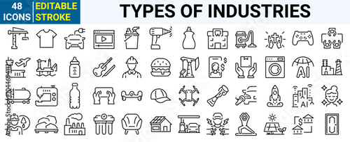 Types of Industries icons. Editable Stroke. Technology, finance, healthcare, automotive, energy, retail, construction, hospitality, tourism, education, agriculture. Vector illustration.