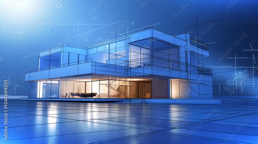 Modern House Architectural Design with Blueprint Overlay Modern House Architectural Design with Blueprint Overlay
