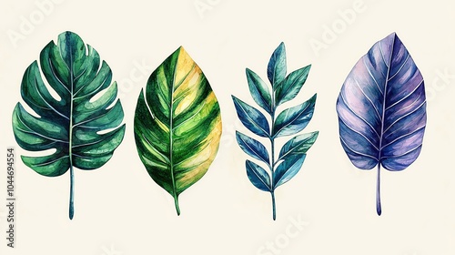 Colorful botanical illustrations in minimalist style Colorful assorted leaves, white isolated background