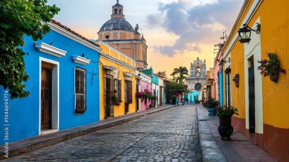 Fototapeta premium Vibrant Modern Buildings on Historic Street