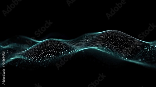 An abstract gradient hologram dynamic wave of particles on a black background. Digital sound, music, or futuristic wallpaper technology background.